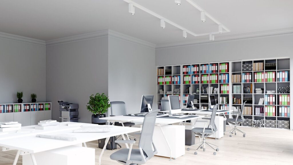 bureau ergonomique et partagé avec bibliothèque